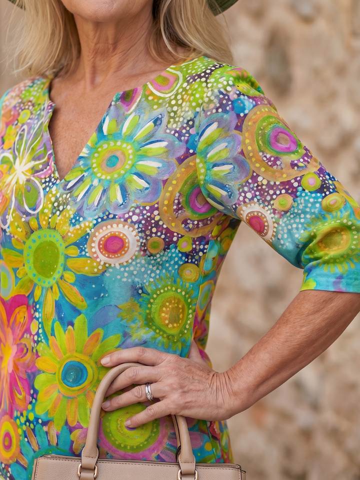 Relaxed fit multicolor floral knee-length dress, a stylish summer essential for women.