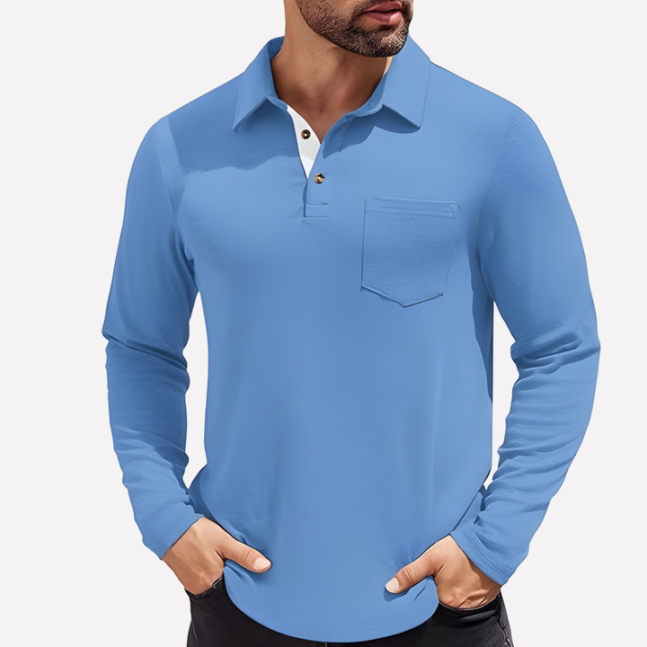 Classic men's casual long sleeve polo shirt with a chest pocket, suitable for various occasions.