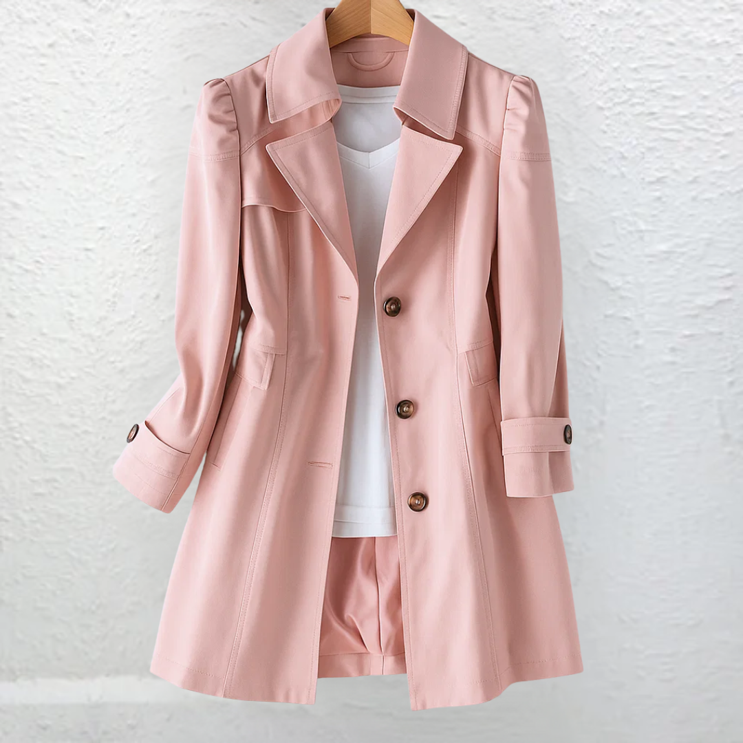 Pink women's vintage trench coat. Stylish and versatile classic outerwear with a timeless collar. Elegant fashion.