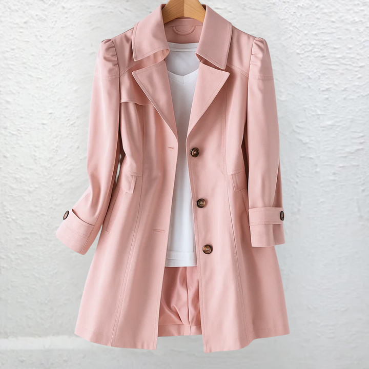 Pink women's vintage trench coat. Stylish and versatile classic outerwear with a timeless collar. Elegant fashion.