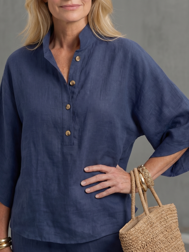 Women's casual button front tunic and trouser set, ideal for a relaxed style.