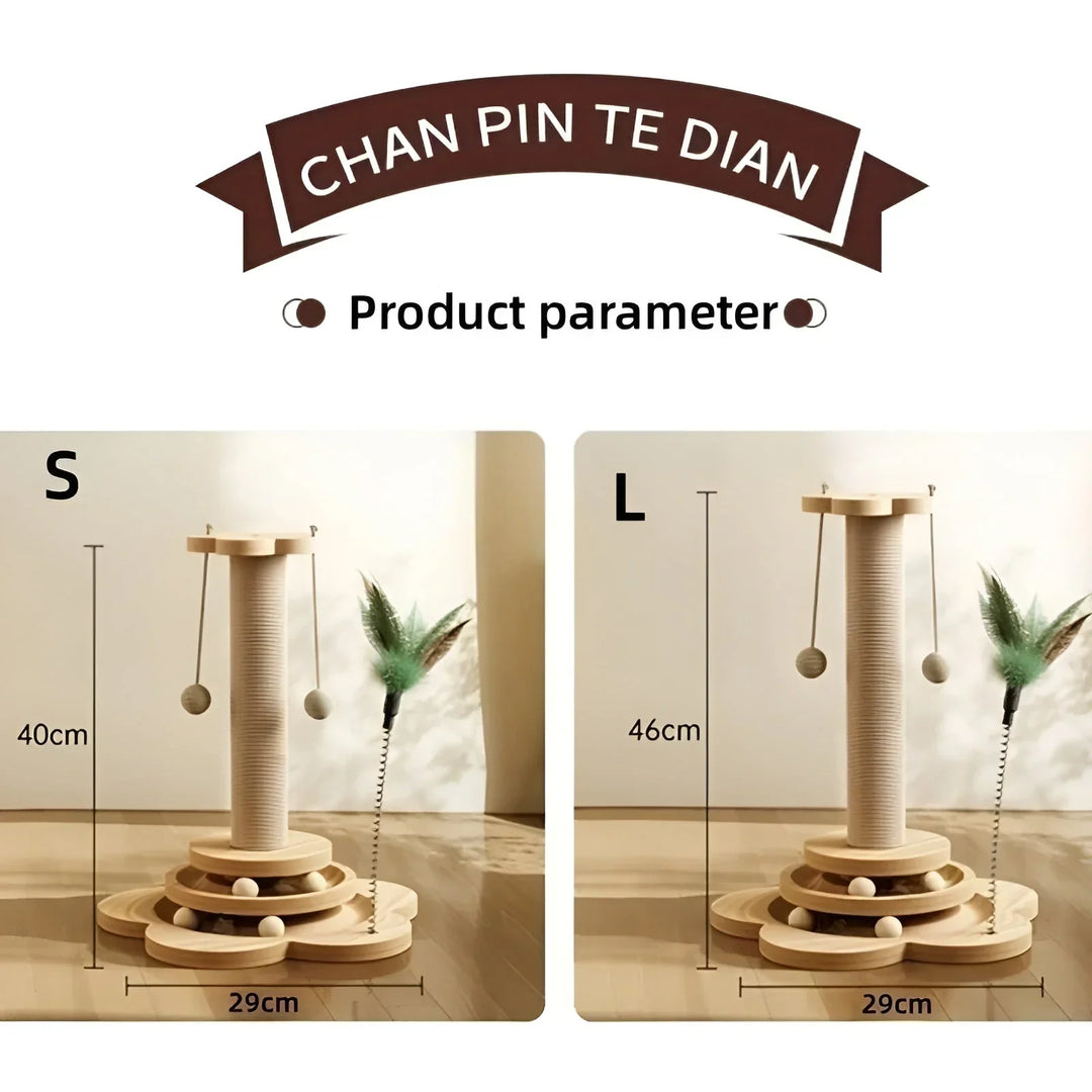 High-quality natural wood cat scratching post with interactive features, promoting healthy feline activity.