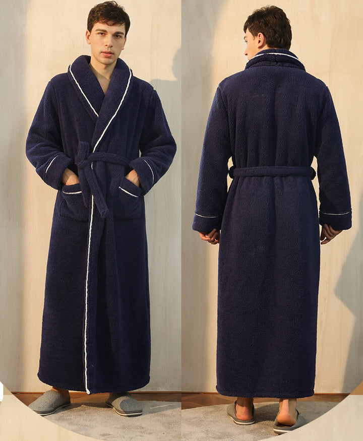 Soft touch plush over-knee bathrobe, unisex design, ideal for warm winter comfort & home wear.