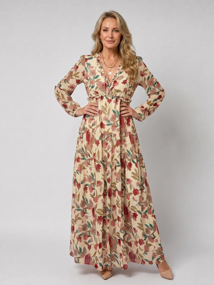 Casual women's long sleeve floral maxi dress with tiered silhouette, offering a relaxed and comfy fit.