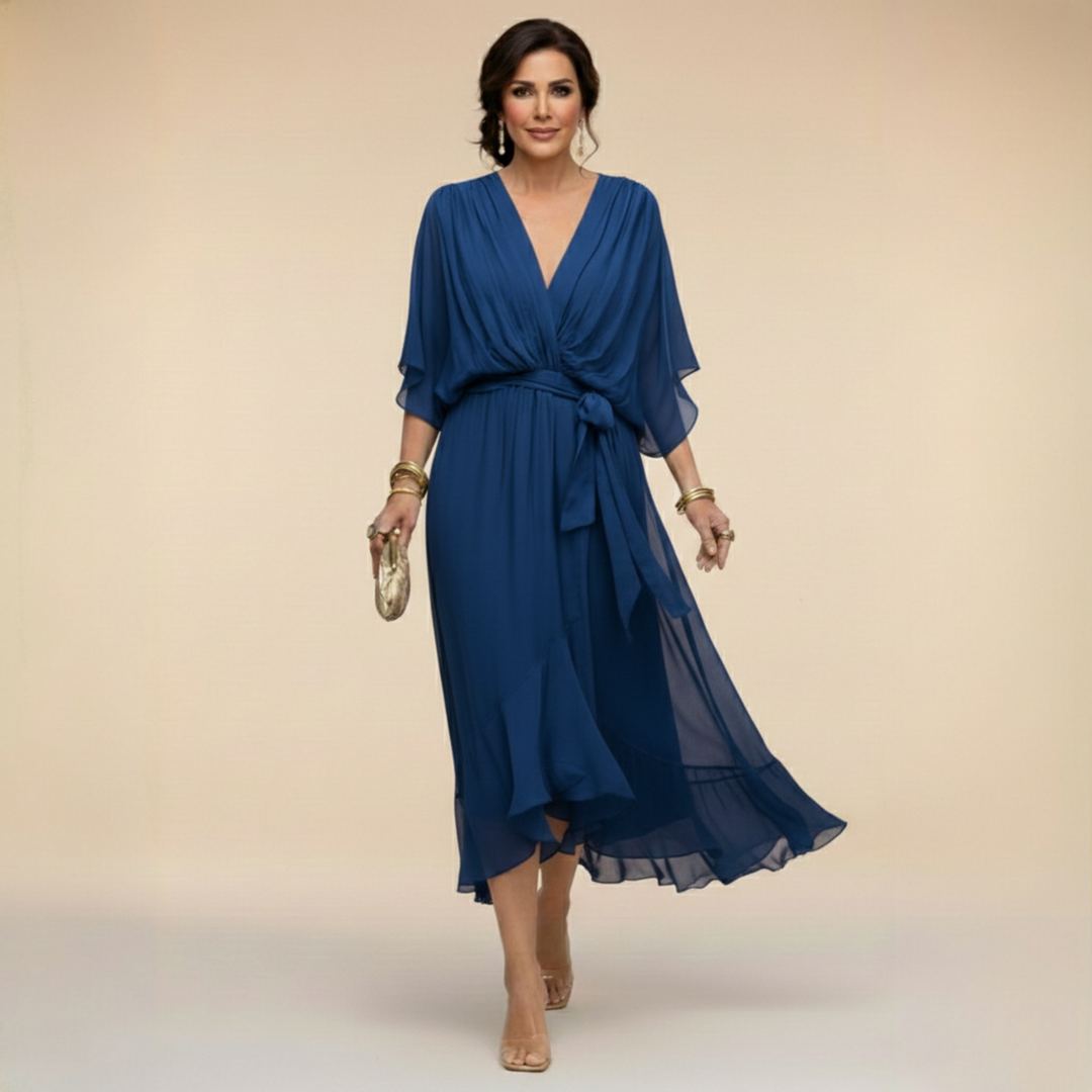Chic women's maxi V-neck dress with a beautiful flowing silhouette, comfortable & elegant.