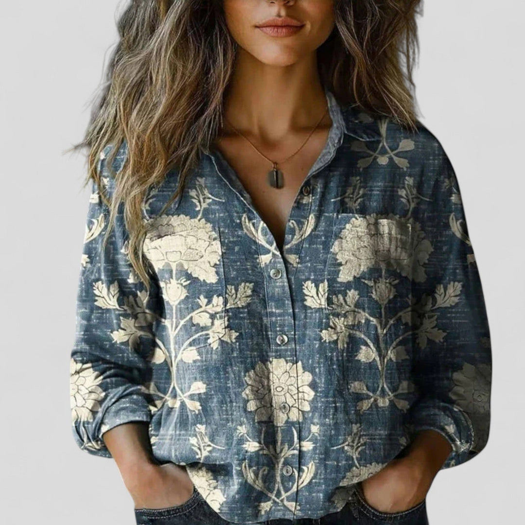 Women's everyday gradient button-down shirt blouse with comfortable, flowy fabric.