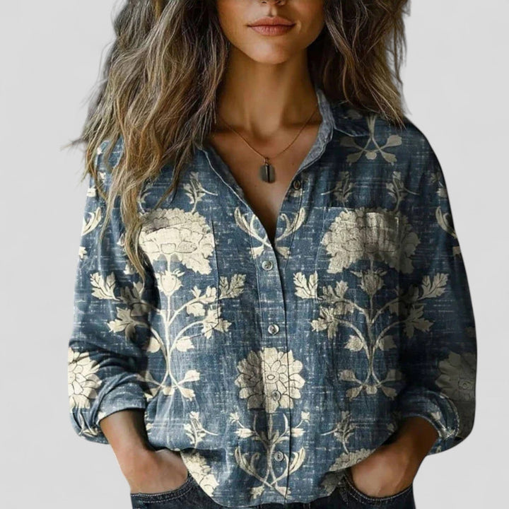 Women's everyday gradient button-down shirt blouse with comfortable, flowy fabric.