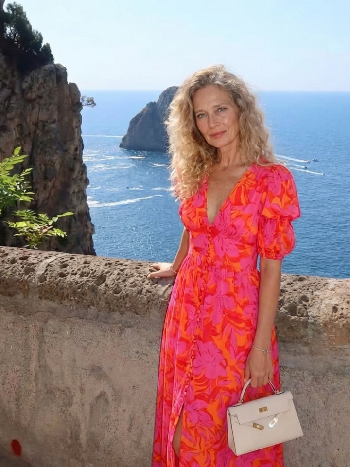 Chic women's pink floral midi dress with a V-neck, puff sleeves, and relaxed fit. Versatile summer fashion.
