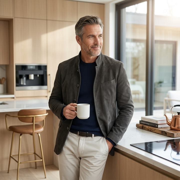 Men's modern button-front cardigan sweater, a chic layering piece for cool weather knitwear.