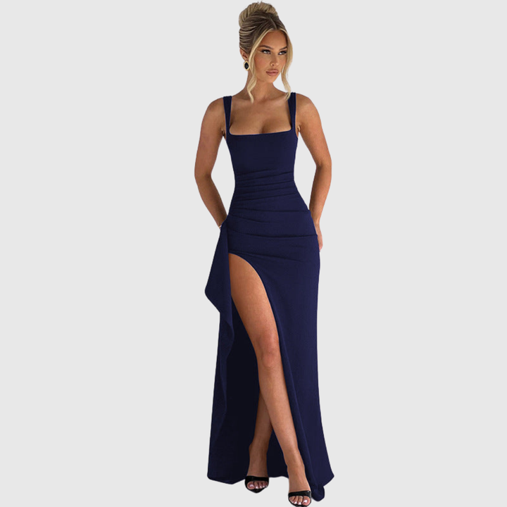 Flowy black open back slip maxi dress for women. Elegant formal evening wear.