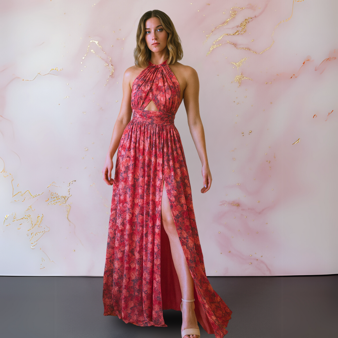 Elegant red halter maxi dress for women with a front slit, perfect for summer parties or wedding guests.