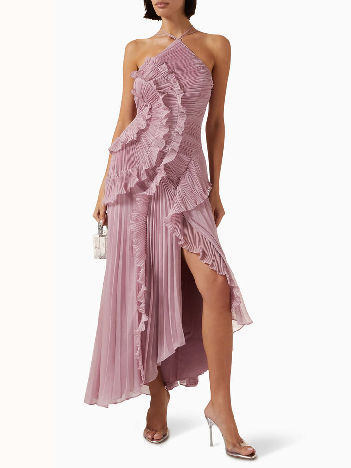 Chic women's party dress: a sleeveless pleated maxi with a sophisticated asymmetric hemline.