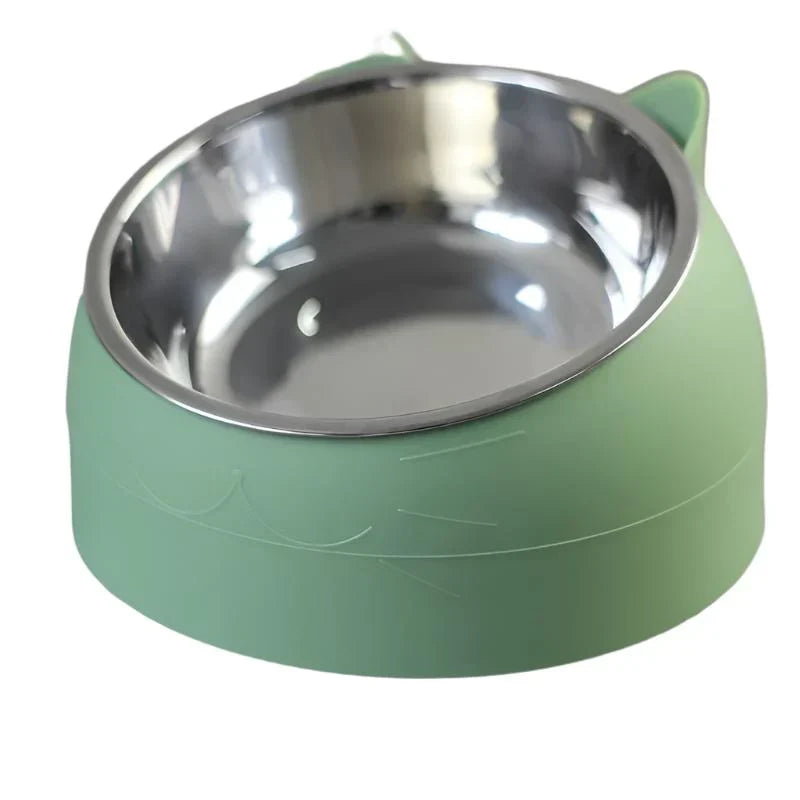 Pet supply: Elevated stainless steel bowl for cats with an ergonomic tilt.