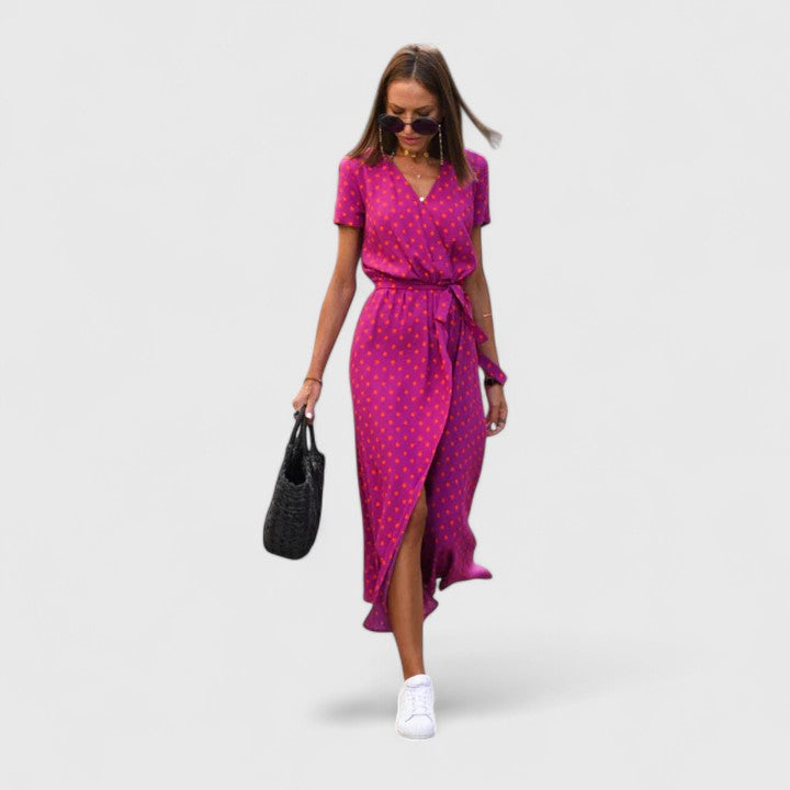 Flattering women's wrap midi dress, a chic and elegant choice for any occasion, ensuring an adjustable fit.
