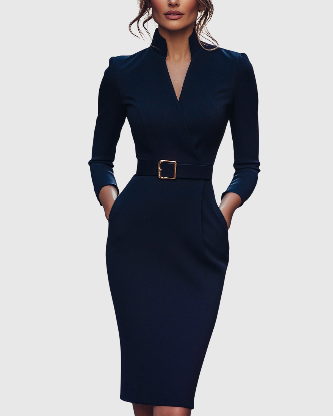 Women's formal three-quarter sleeve midi dress, features a sophisticated mock wrap and belt.