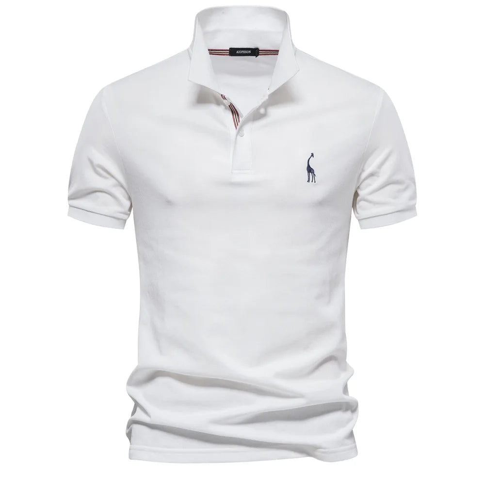 Classic fit men's polo shirt, 100% cotton, elegant deer embroidery, button-down placket design.