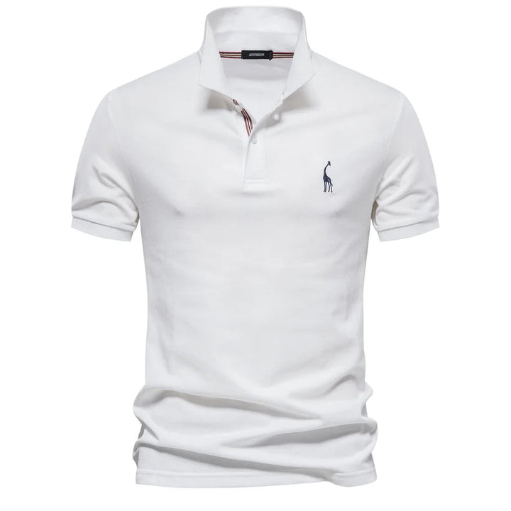 Classic fit men's polo shirt, 100% cotton, elegant deer embroidery, button-down placket design.