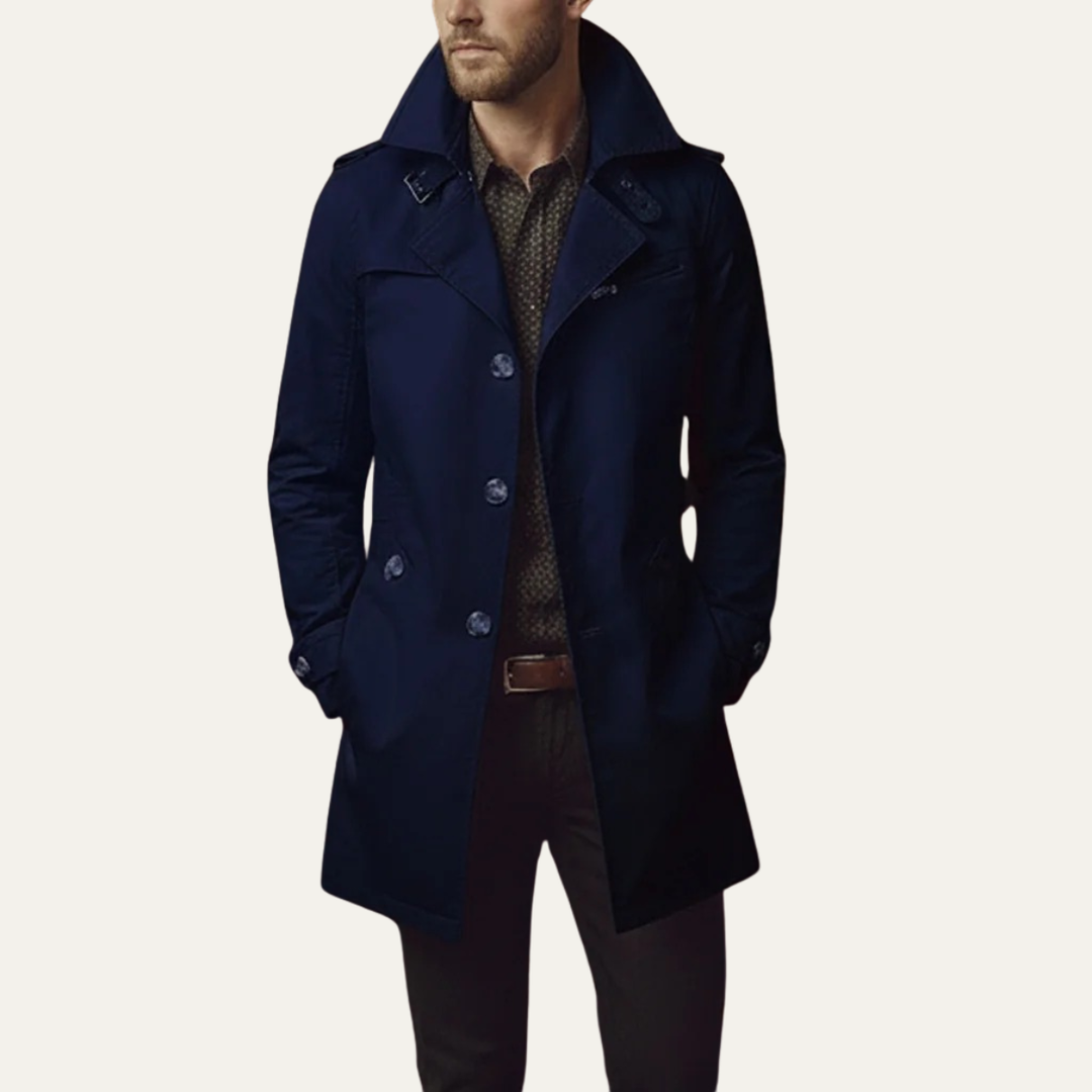 Side profile of a men's double-breasted pea coat. Timeless slim fit jacket for sophisticated cold weather fashion.