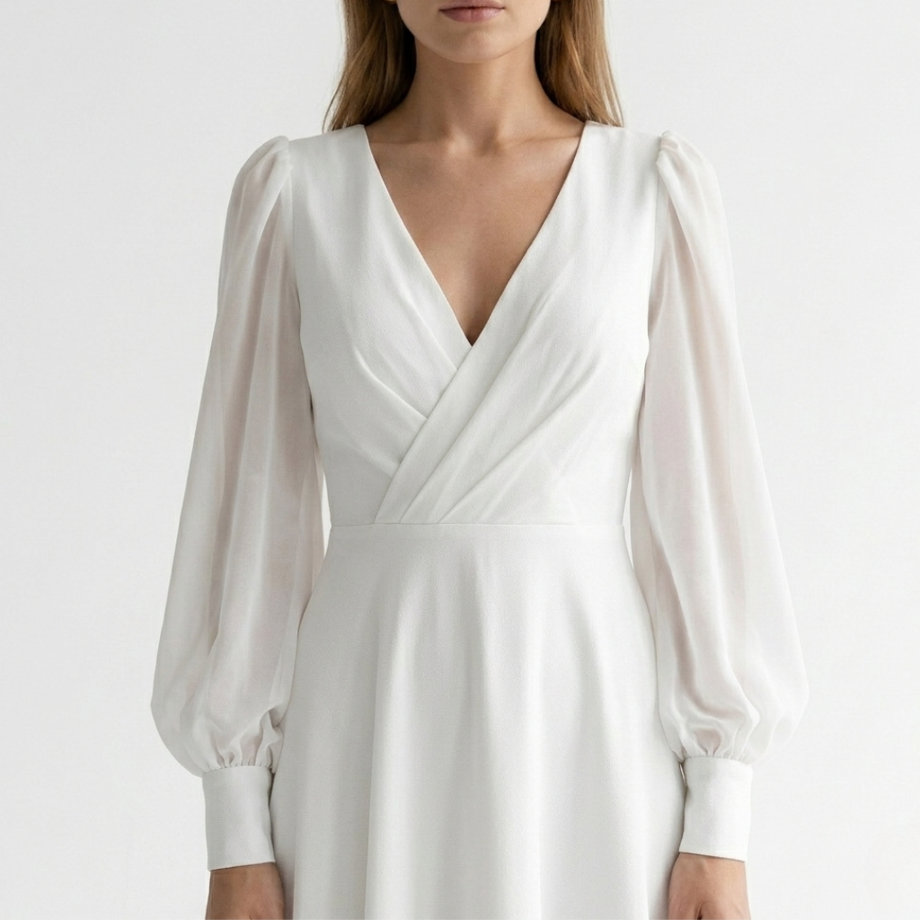 Chic white V-neck wrap midi dress for women, featuring a flattering flared hem, ideal for parties or casual wear.