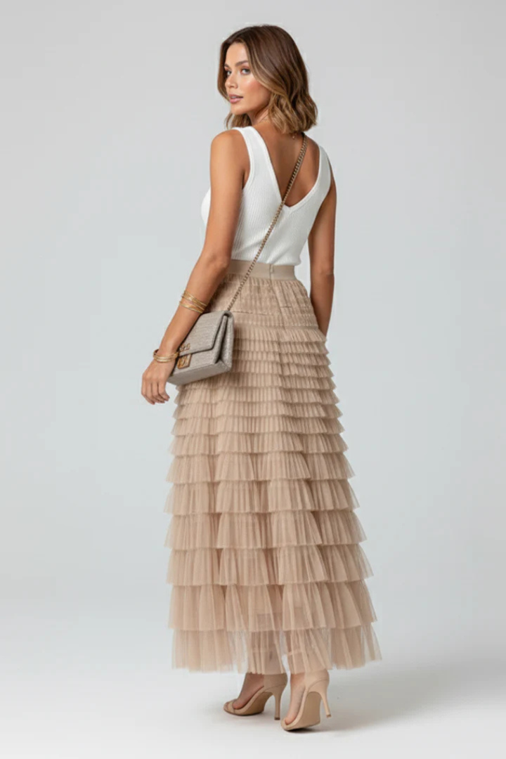 Versatile women's midi skirt, featuring a sophisticated layered tiered design & high waist for elegant style.