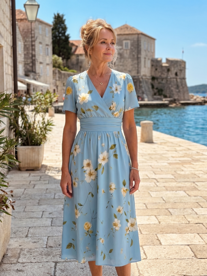 Lightweight women's floral midi dress, short sleeve & V-neck. Essential comfortable summer day wear.