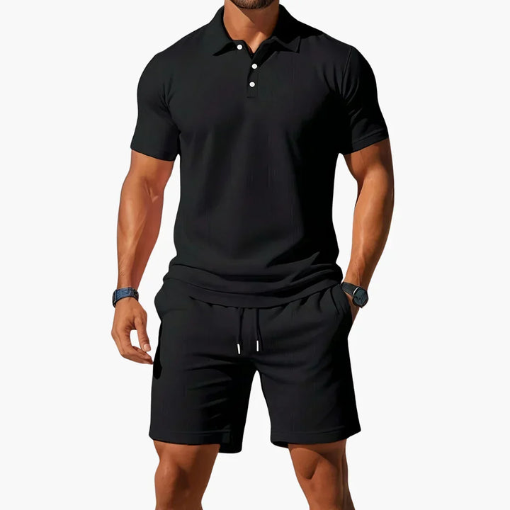 Versatile men's summer set with a short-sleeve polo and tailored shorts for warm weather style.