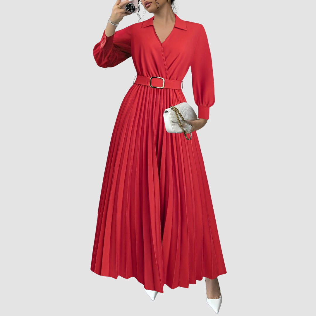 Stylish women's belted V-neck midi dress, featuring elegant pleats & long sleeves. Versatile design.
