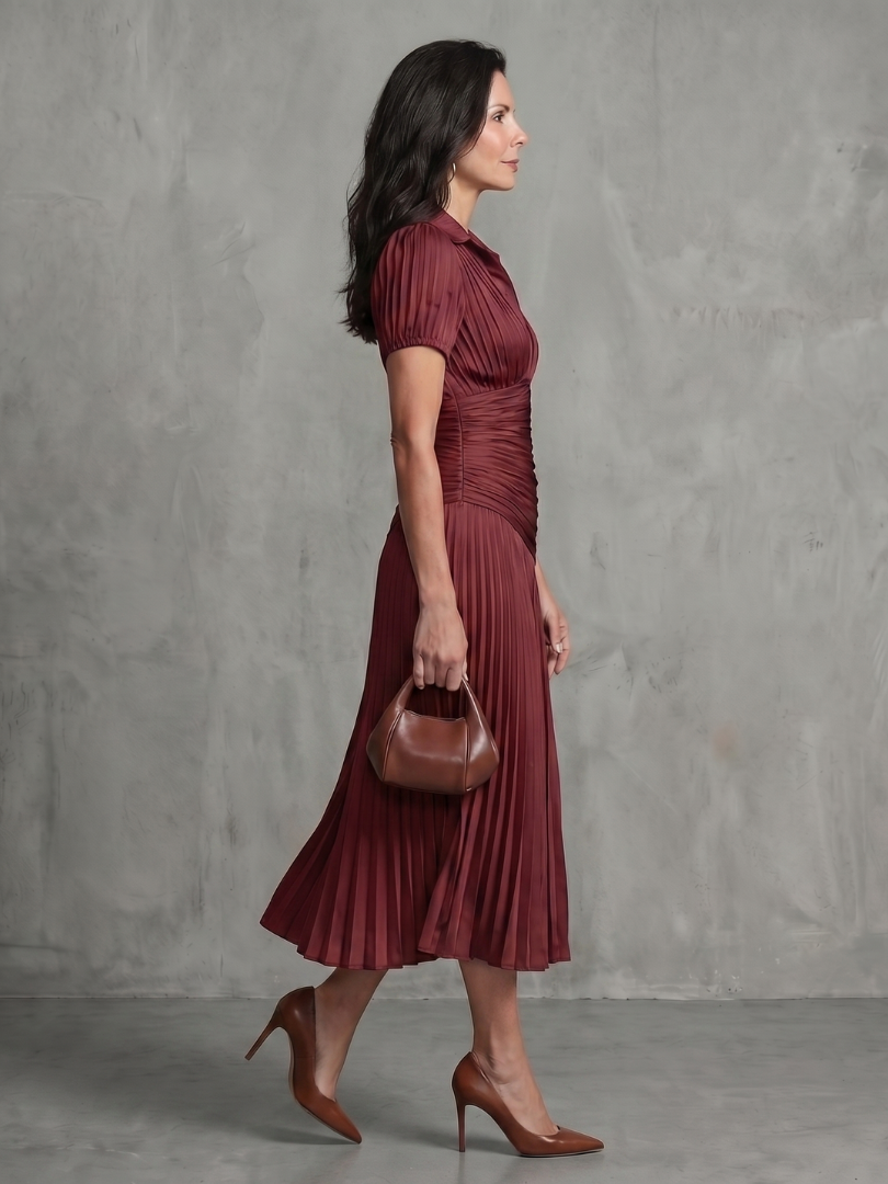 Pleated waistline midi dress for women, chic striped pattern, versatile style.