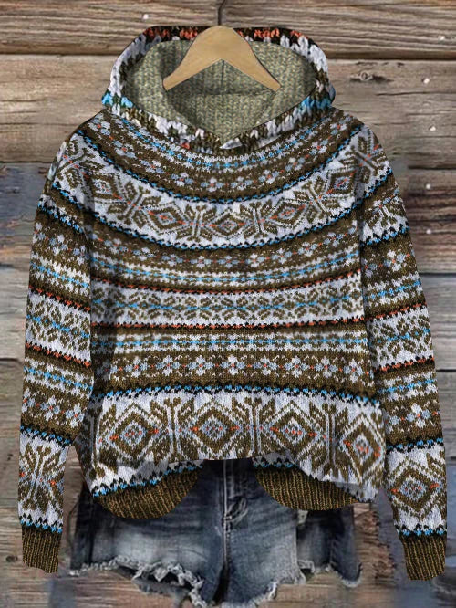 Warm women's long sleeve Norwegian knit pullover, cozy designer-inspired sweater for cold weather chic.