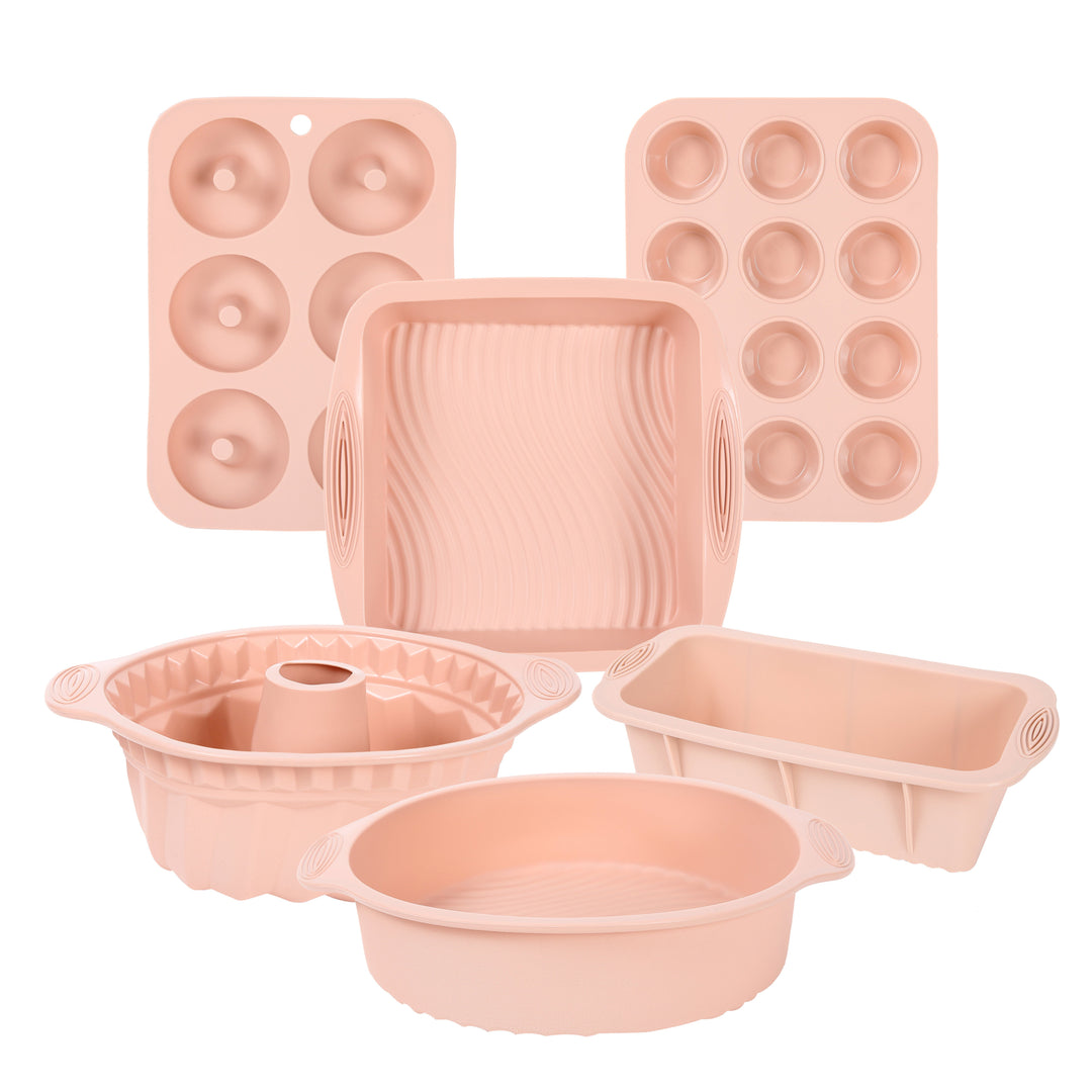 Durable silicone bread pan, nonstick and flexible. Ideal for baking loaves, part of a complete 6-piece set.