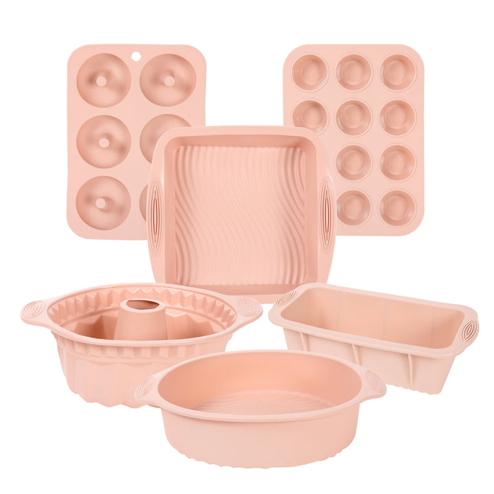 Durable silicone bread pan, nonstick and flexible. Ideal for baking loaves, part of a complete 6-piece set.