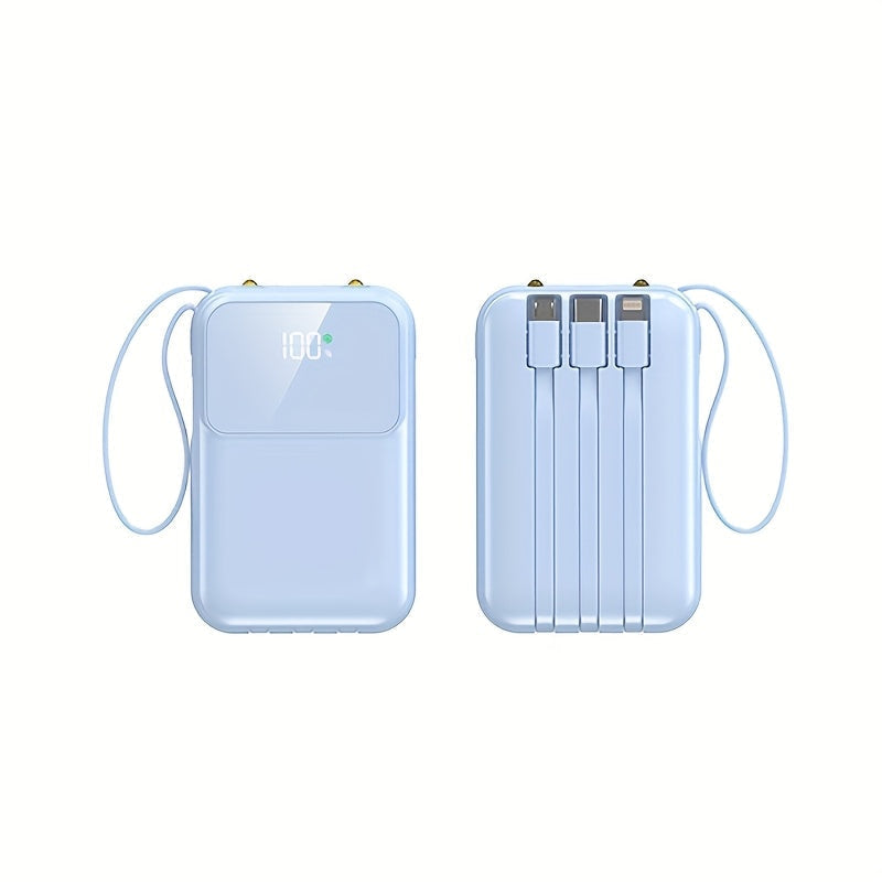 Travel essential: 10000mAh portable power bank with fast charging & built-in cables for all devices.