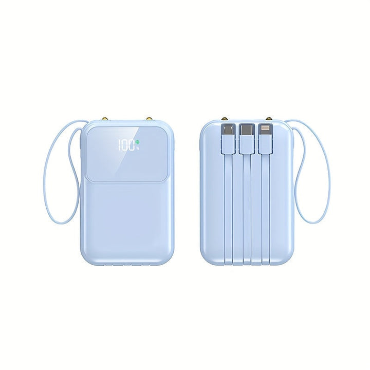 Travel essential: 10000mAh portable power bank with fast charging & built-in cables for all devices.
