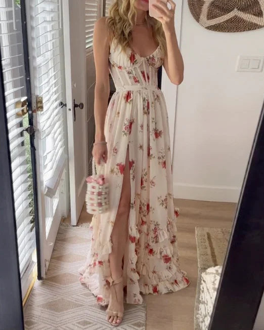 Romantic floral V-neck dress for women, perfect for summer elegance.