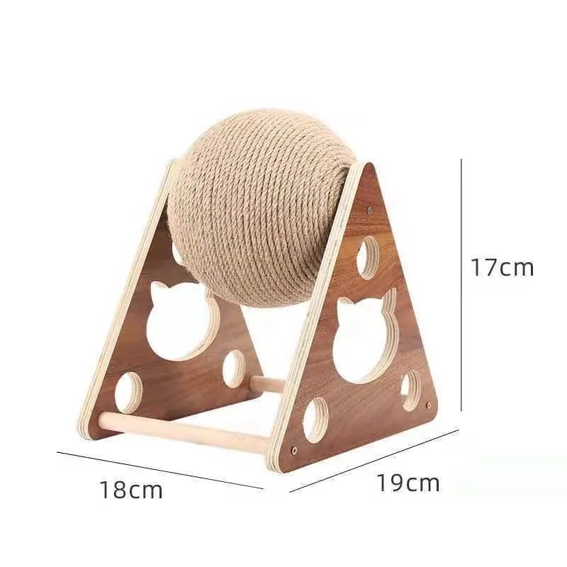 Cat accessories: 360° sisal scratching ball with a sturdy wood frame, promoting healthy cat claws & fun.