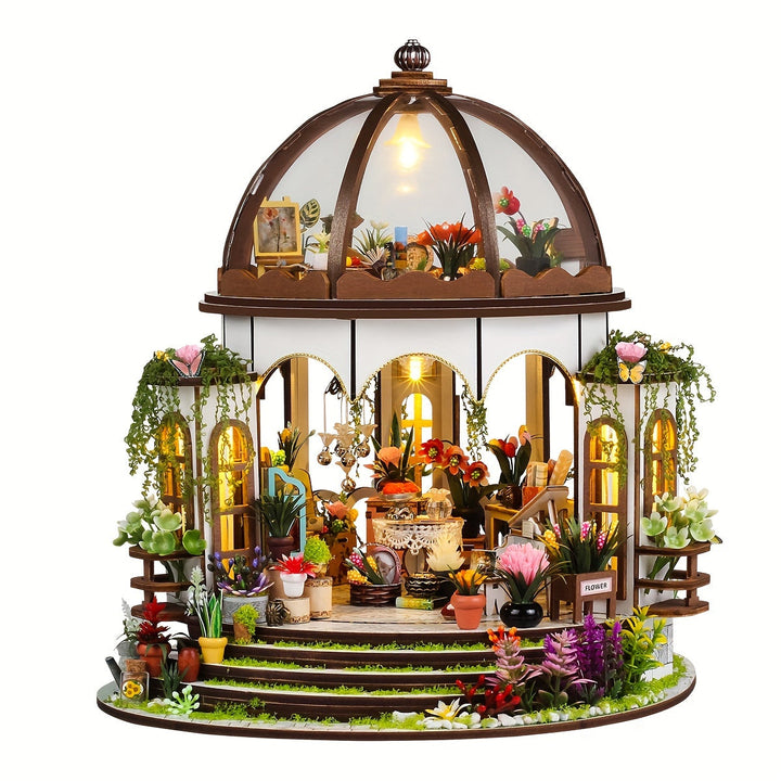 Detailed miniature flower house 3D wooden puzzle with LED lighting, a charming DIY craft project.