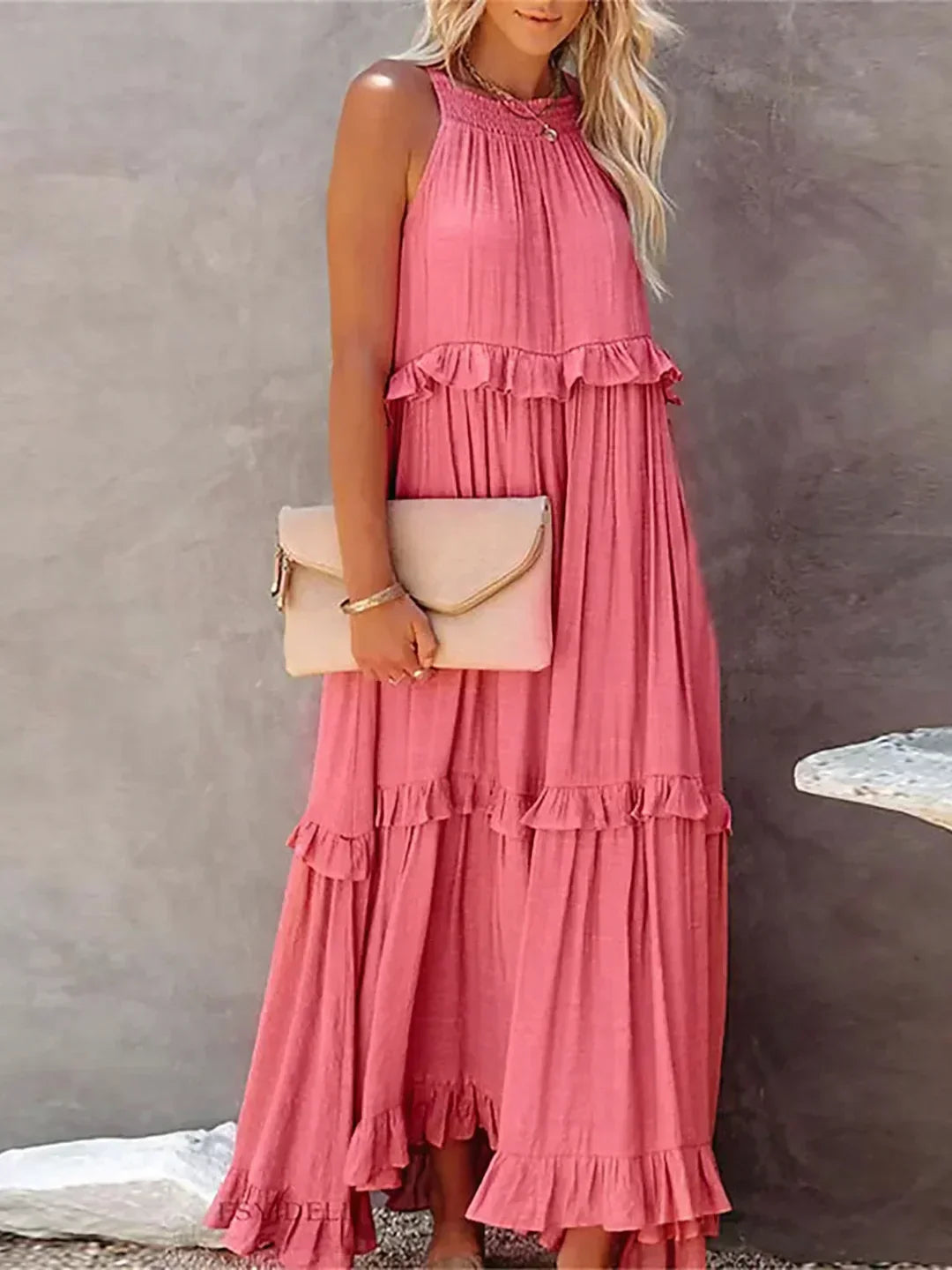 Women's chic halterneck maxi dress, elegant ruffles & useful pockets for summer.