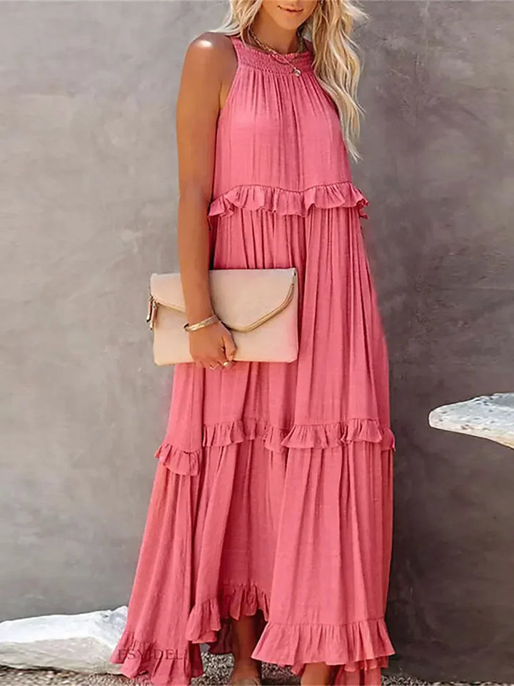 Women's chic halterneck maxi dress, elegant ruffles & useful pockets for summer.