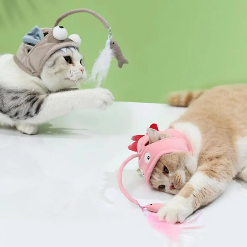 Trendy cat fashion hat with a playful toy, a unique pet accessory for stylish cats.