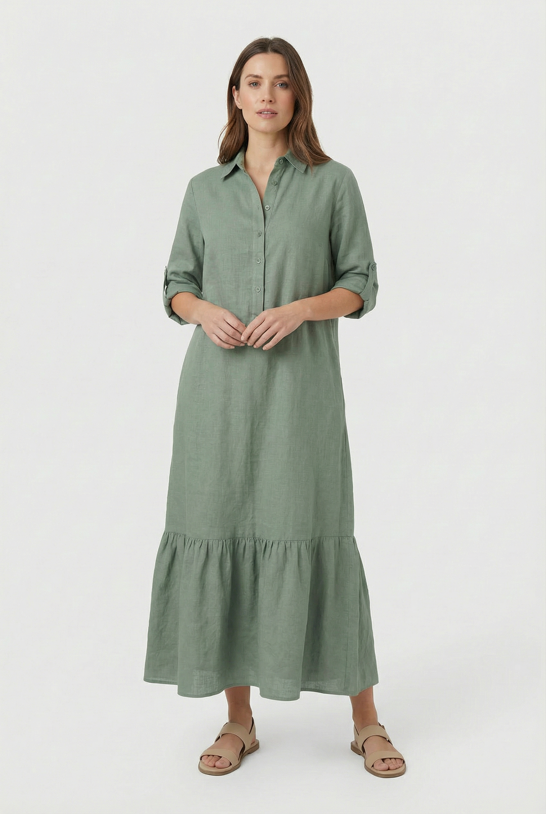 Elegant long sleeve tiered maxi dress for women. Button-front design ensures a relaxed yet stylish fit.
