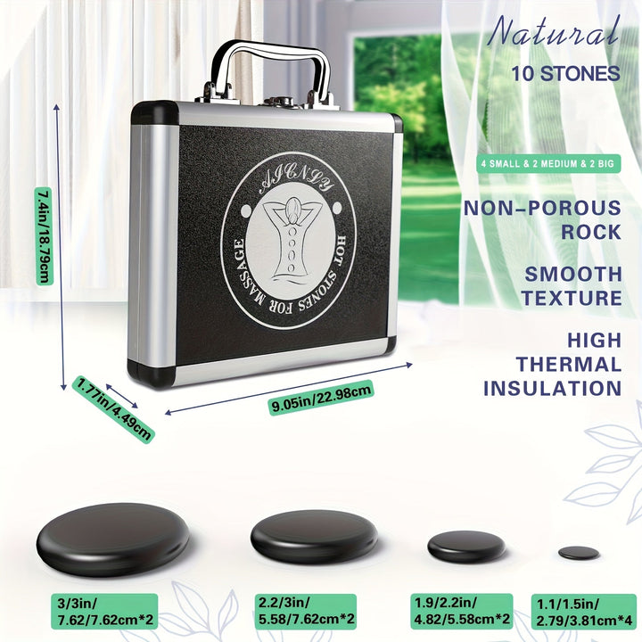 Comprehensive hot stone set for therapeutic massage, includes electric heater & various stone sizes.
