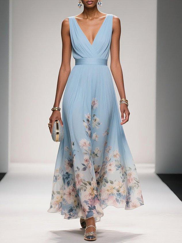 Vibrant floral pattern on an elegant summer maxi dress, perfect for women's daytime fashion.