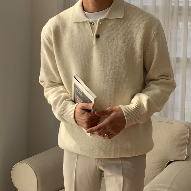 Versatile men's smart casual ribbed knit polo sweater. Long sleeve pullover ideal for comfortable daily wear.