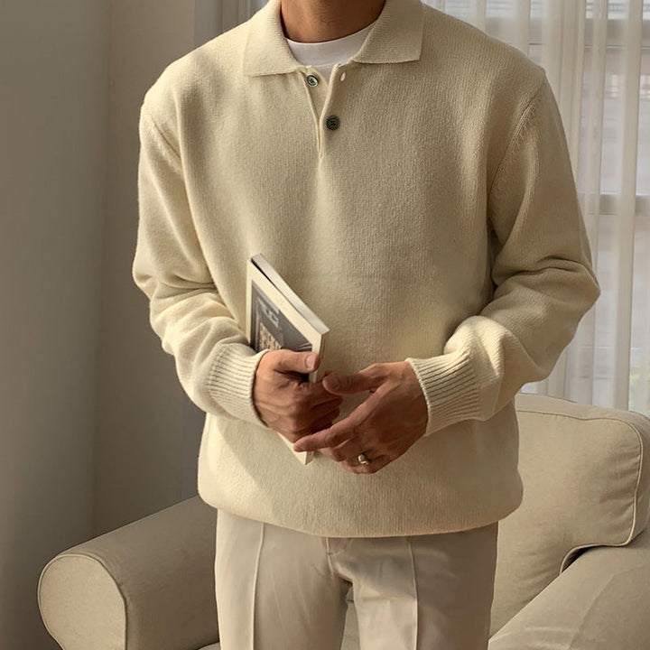 Versatile men's smart casual ribbed knit polo sweater. Long sleeve pullover ideal for comfortable daily wear.