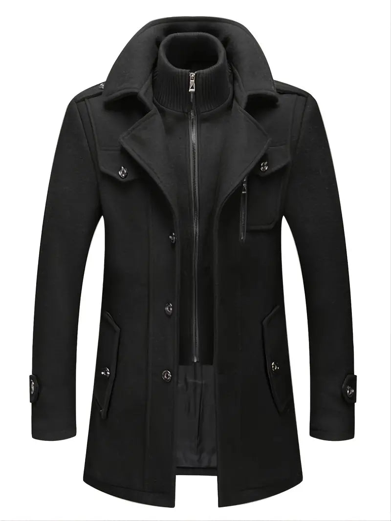 Men's classic double breasted pea coat for winter warmth. Stylish tailored overcoat for cold weather.