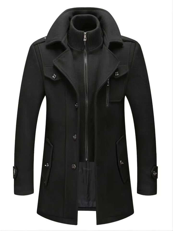 Men's classic double breasted pea coat for winter warmth. Stylish tailored overcoat for cold weather.
