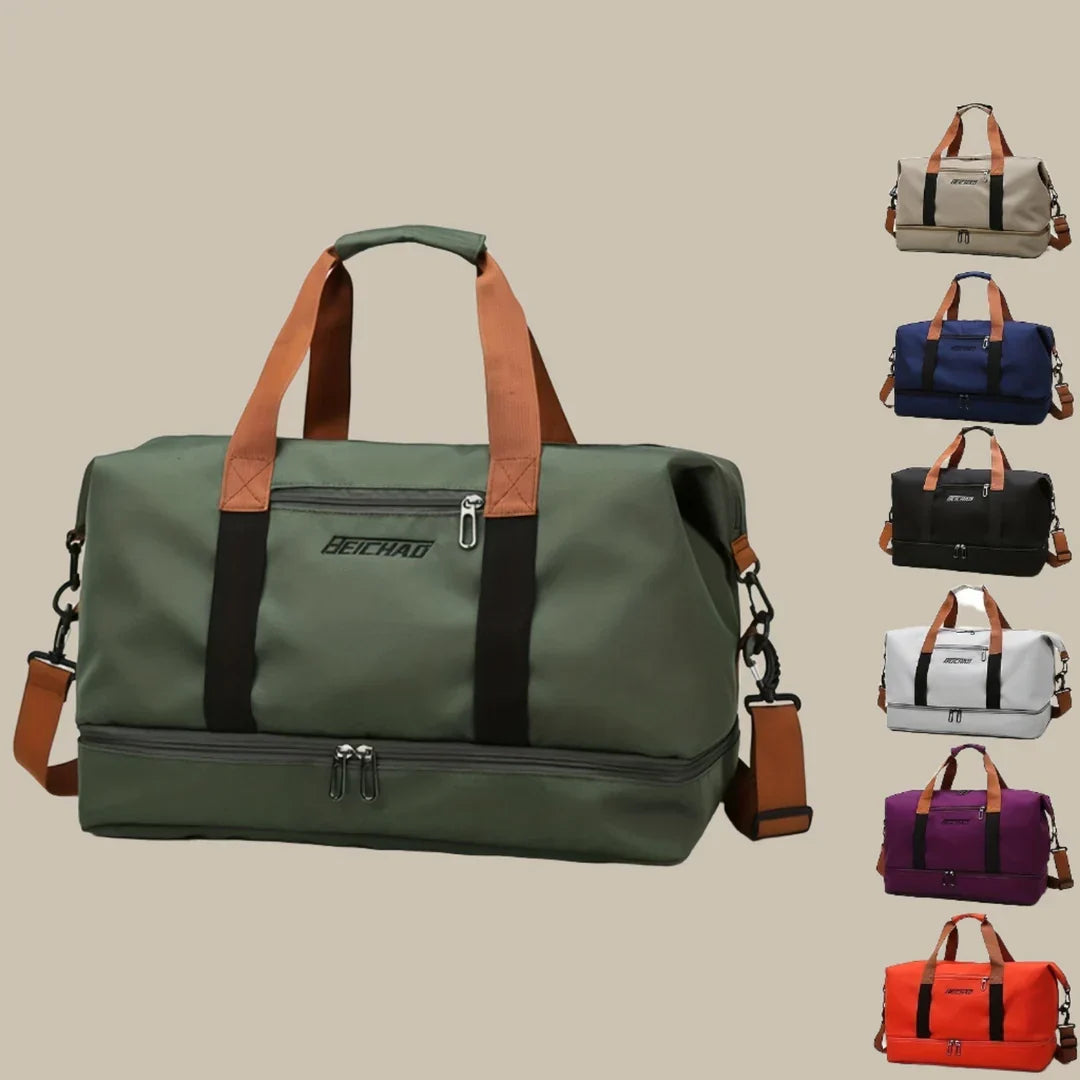 Stylish men's travel duffel bag in a spacious design, perfect for weekend getaways & gym use.