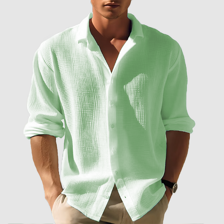Versatile men's long sleeve textured weave button-down shirt, great for casual outings or smart casual events.