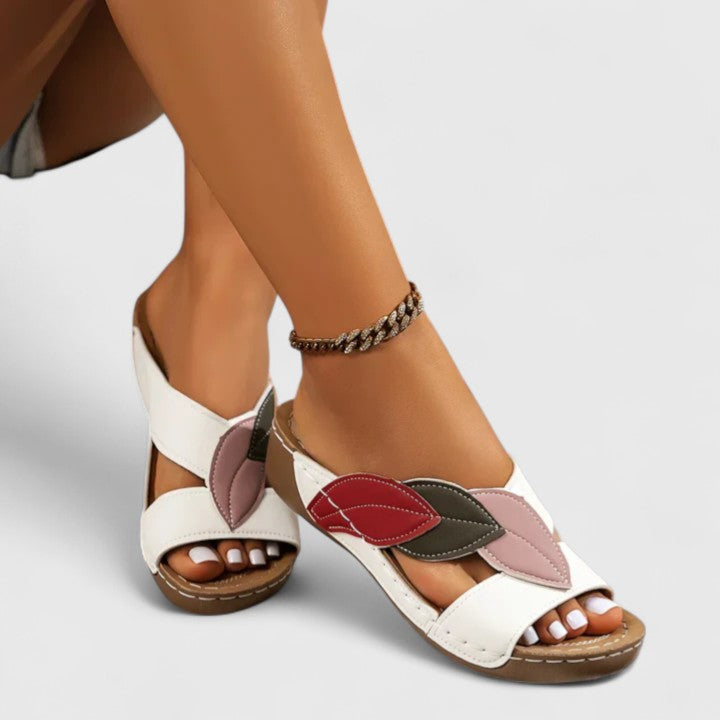 Close-up of the innovative arch support design in women's orthopedic pain relief sandals.