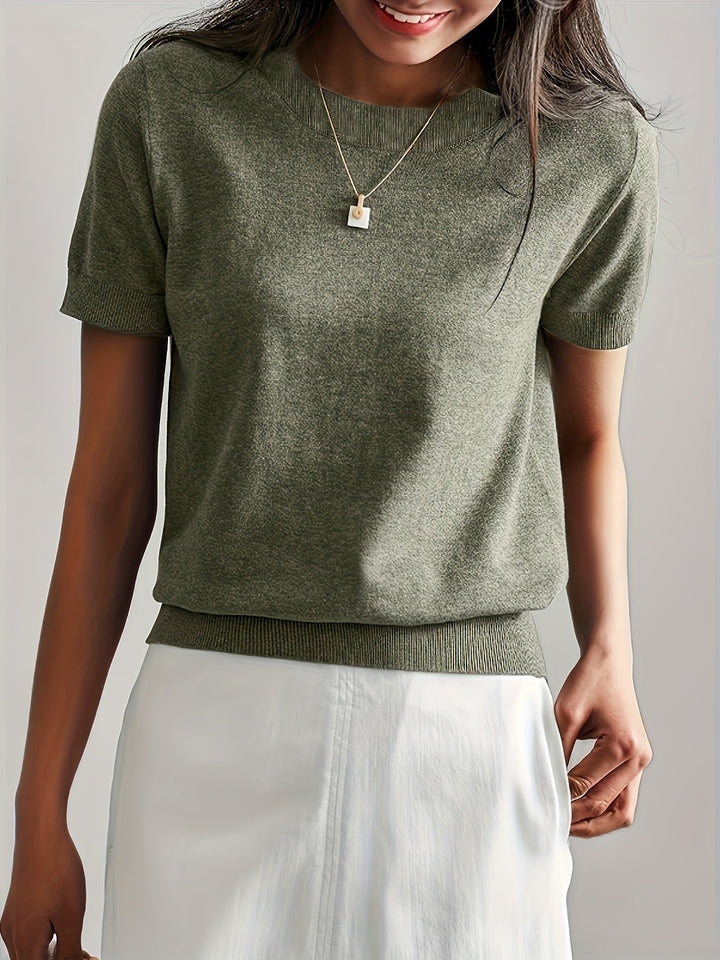 All-season women's short sleeve soft knit top, perfect for elegant casual everyday style.